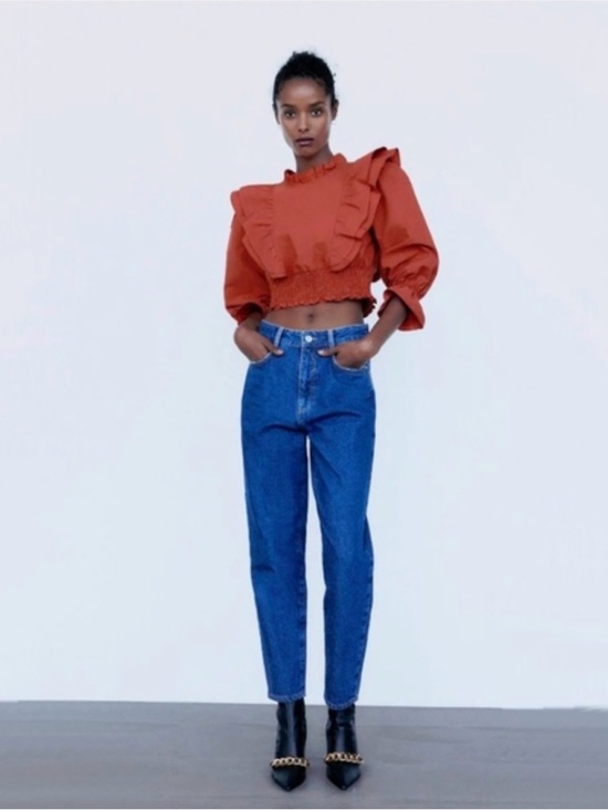 Zara Tops - Zara Women’s Medium Ruffled Poplin Crop Top Blouse M 100% Cotton Brick Red